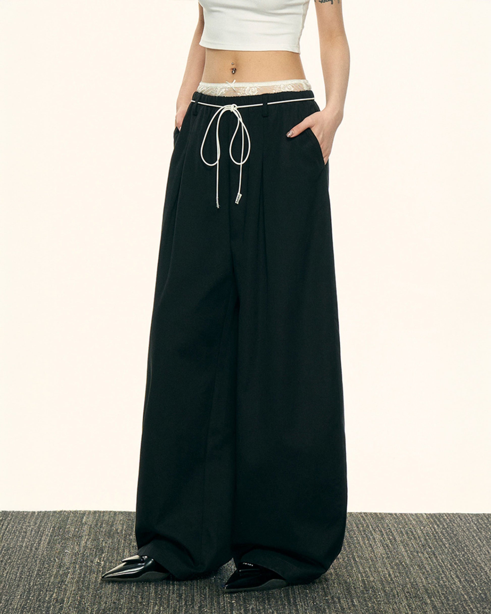 Aaisupフェイクツーピースレースパッチワークダブルウエストカジュアルパンツ春秋女性用ゆったりスリムで用途の広いワイドレッグパンツ NOCTONE