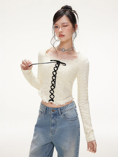 iMone 冬新作ベルベットストラップ起毛立体スエードレーススクエアネック Tシャツショートトップ NOCTONE