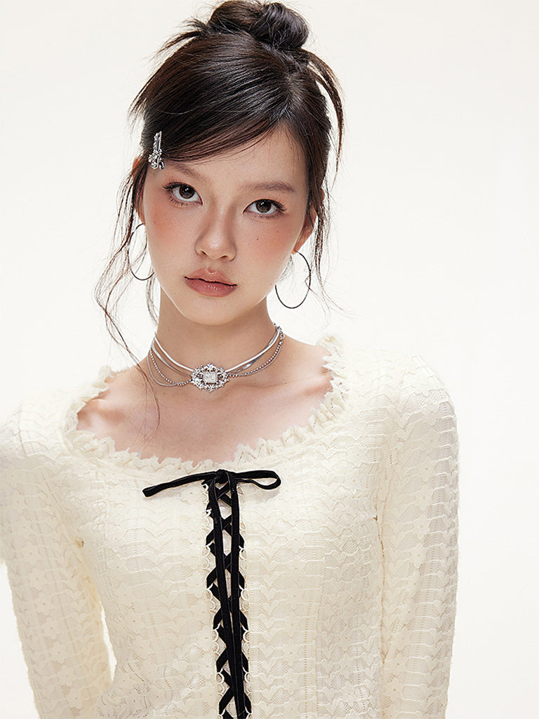 iMone 冬新作ベルベットストラップ起毛立体スエードレーススクエアネック Tシャツショートトップ NOCTONE