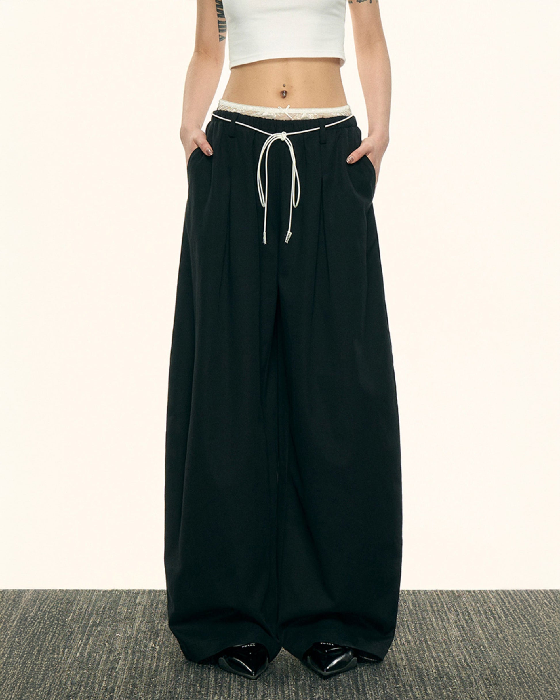 Aaisupフェイクツーピースレースパッチワークダブルウエストカジュアルパンツ春秋女性用ゆったりスリムで用途の広いワイドレッグパンツ NOCTONE