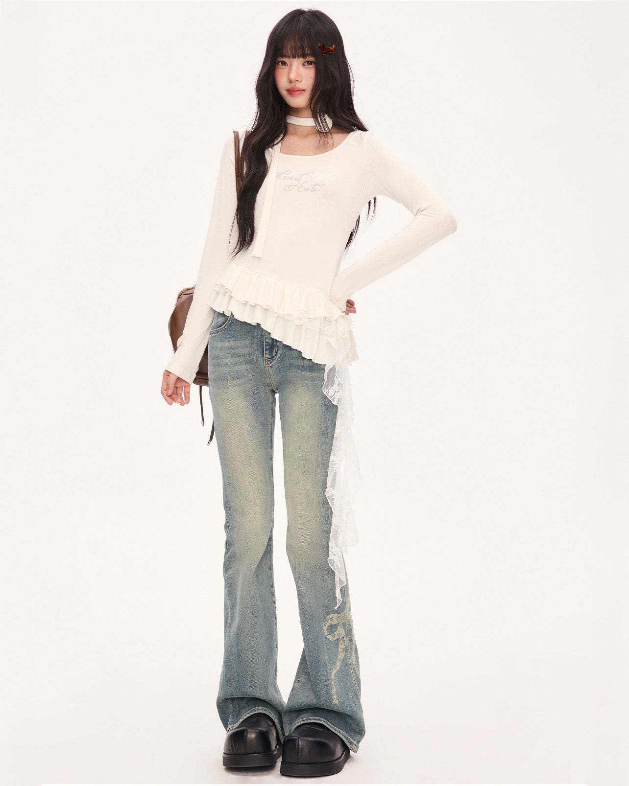 weekendhub イレギュラーフリル裾美しい女性用トップス韓国初秋シングルウェアストラップ付きTシャツロングスリーブ NOCTONE