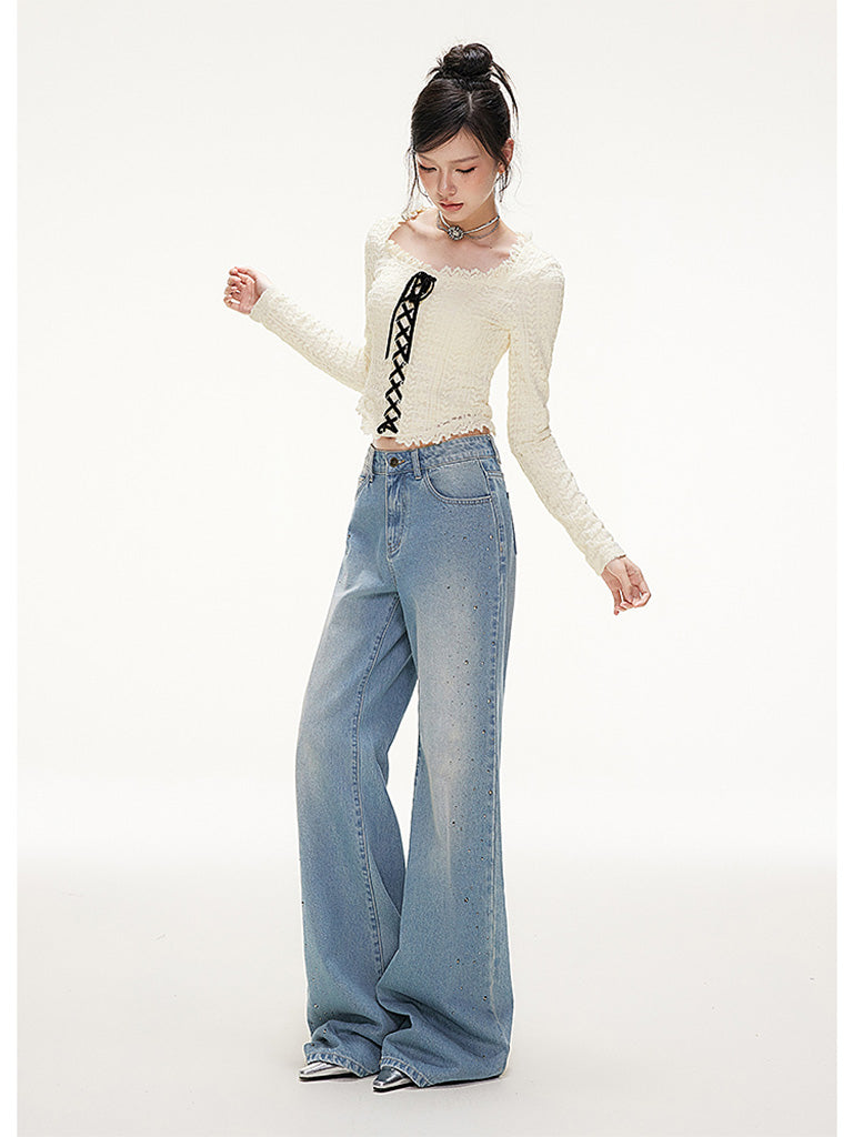 iMone 冬新作ベルベットストラップ起毛立体スエードレーススクエアネック Tシャツショートトップ NOCTONE