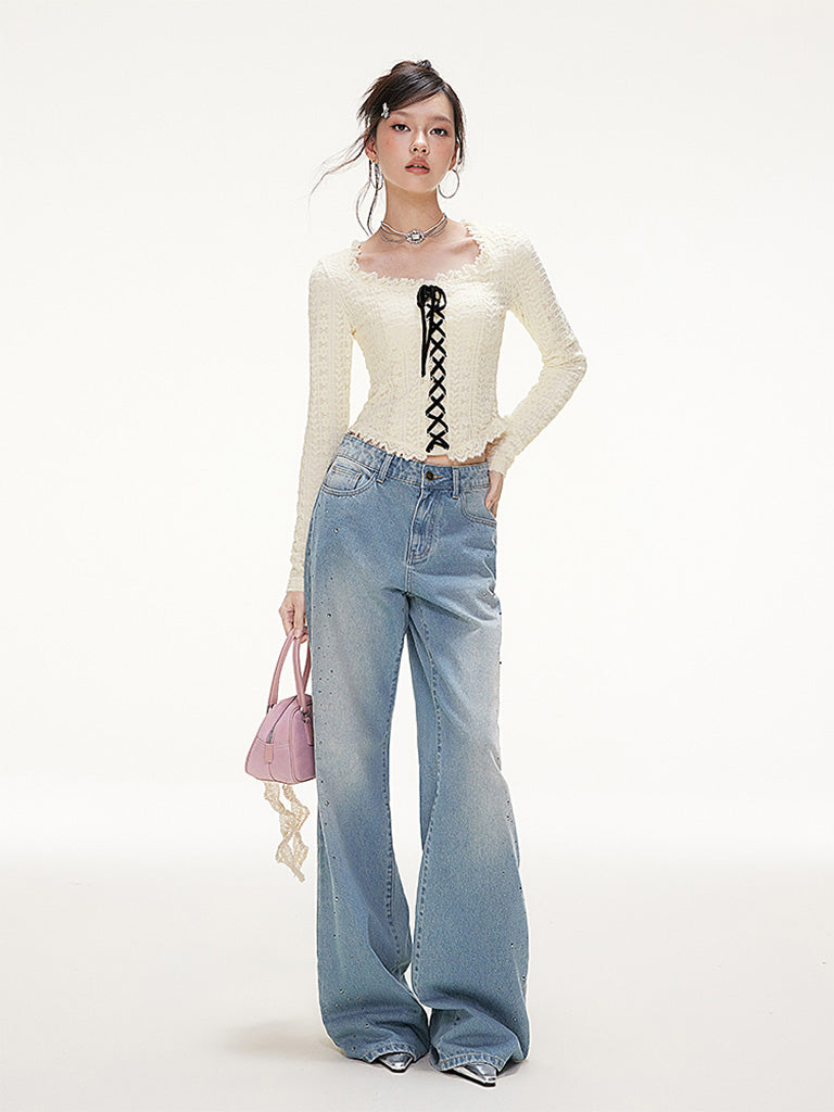 iMone 冬新作ベルベットストラップ起毛立体スエードレーススクエアネック Tシャツショートトップ NOCTONE