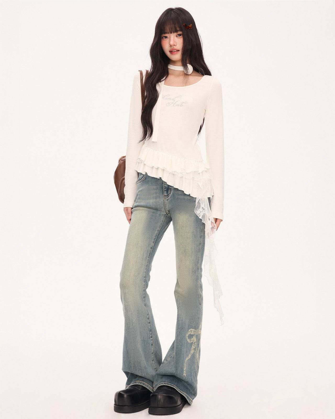 weekendhub イレギュラーフリル裾美しい女性用トップス韓国初秋シングルウェアストラップ付きTシャツロングスリーブ NOCTONE