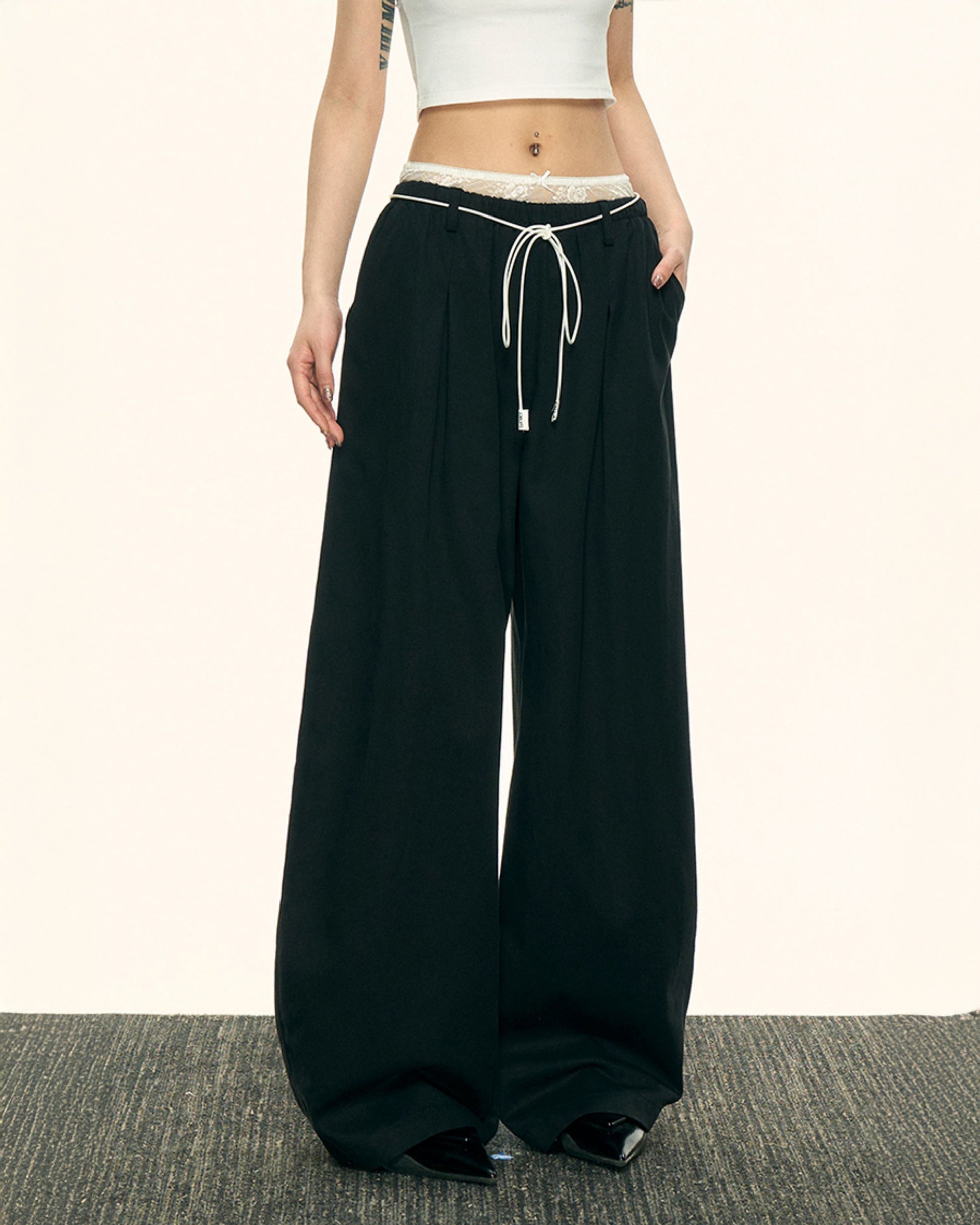 Aaisupフェイクツーピースレースパッチワークダブルウエストカジュアルパンツ春秋女性用ゆったりスリムで用途の広いワイドレッグパンツ NOCTONE