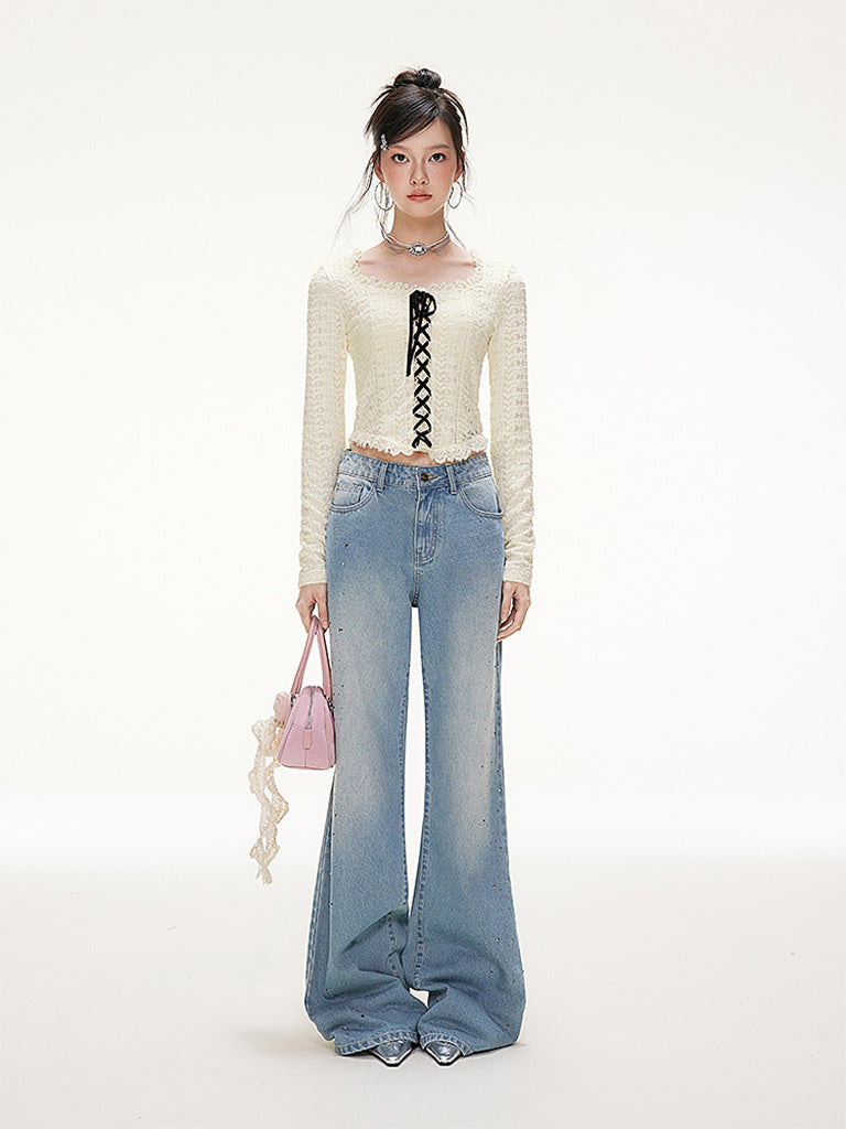 iMone 冬新作ベルベットストラップ起毛立体スエードレーススクエアネック Tシャツショートトップ NOCTONE