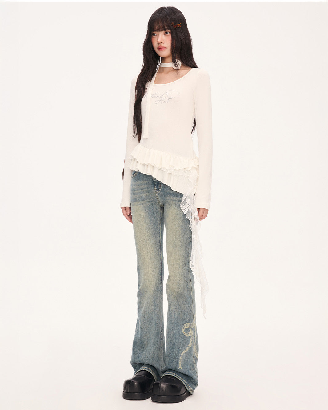 weekendhub イレギュラーフリル裾美しい女性用トップス韓国初秋シングルウェアストラップ付きTシャツロングスリーブ NOCTONE