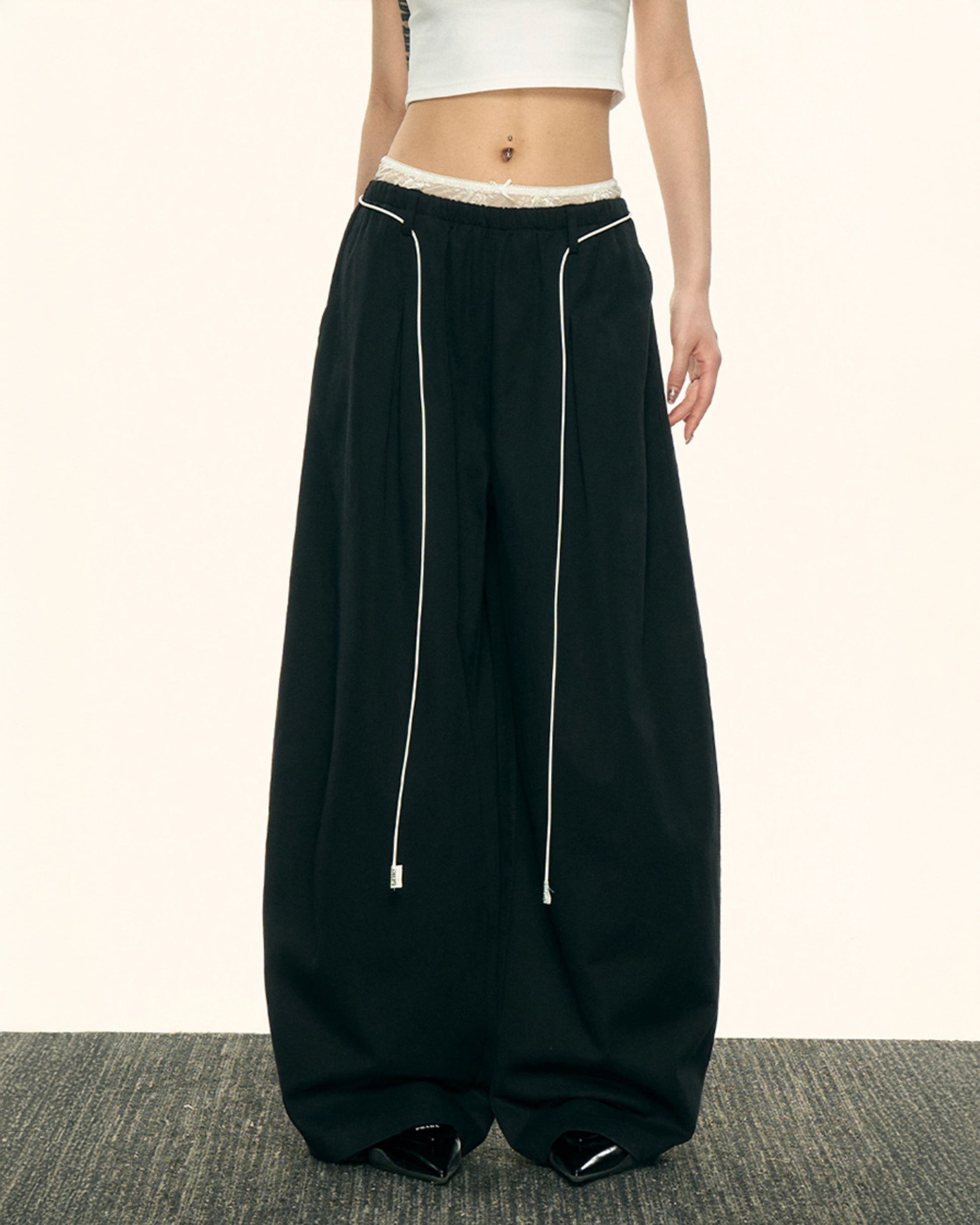 Aaisupフェイクツーピースレースパッチワークダブルウエストカジュアルパンツ春秋女性用ゆったりスリムで用途の広いワイドレッグパンツ NOCTONE