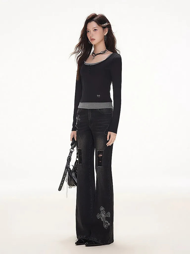 ラインストーンクロス・フレアデニム NOCTONE