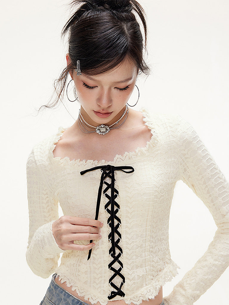 iMone 冬新作ベルベットストラップ起毛立体スエードレーススクエアネック Tシャツショートトップ NOCTONE