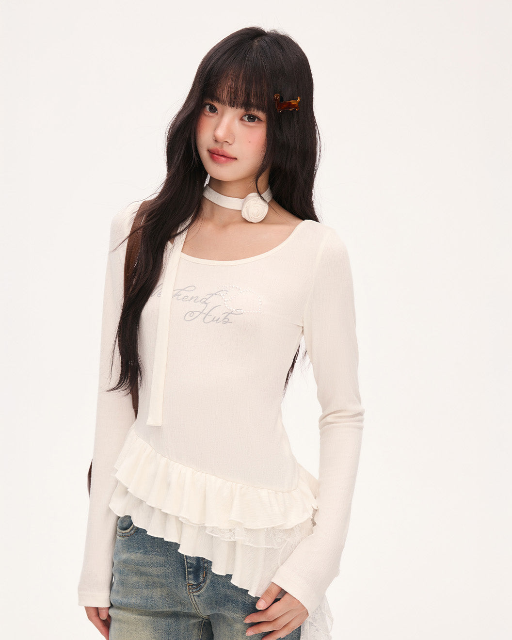 weekendhub イレギュラーフリル裾美しい女性用トップス韓国初秋シングルウェアストラップ付きTシャツロングスリーブ NOCTONE