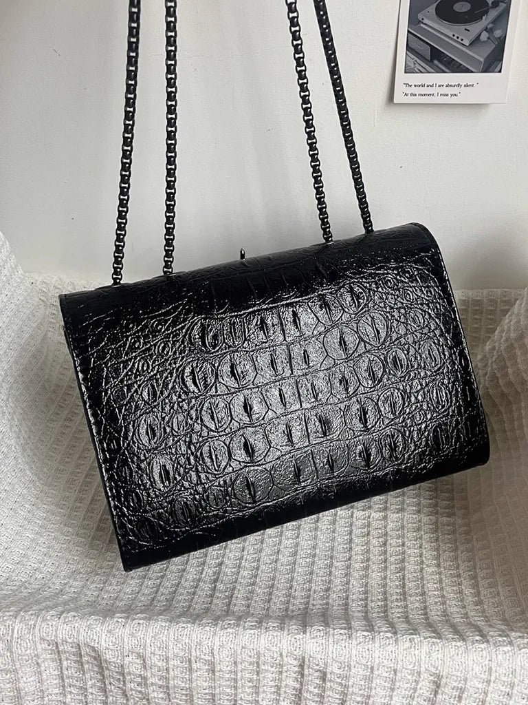 ムーンキャットオリジナルブラックゴスクロコダイル柄脇下ショルダーバッグレディースプレミアムテクスチャニッチ Y2K メッセンジャーバッグ NOCTONE