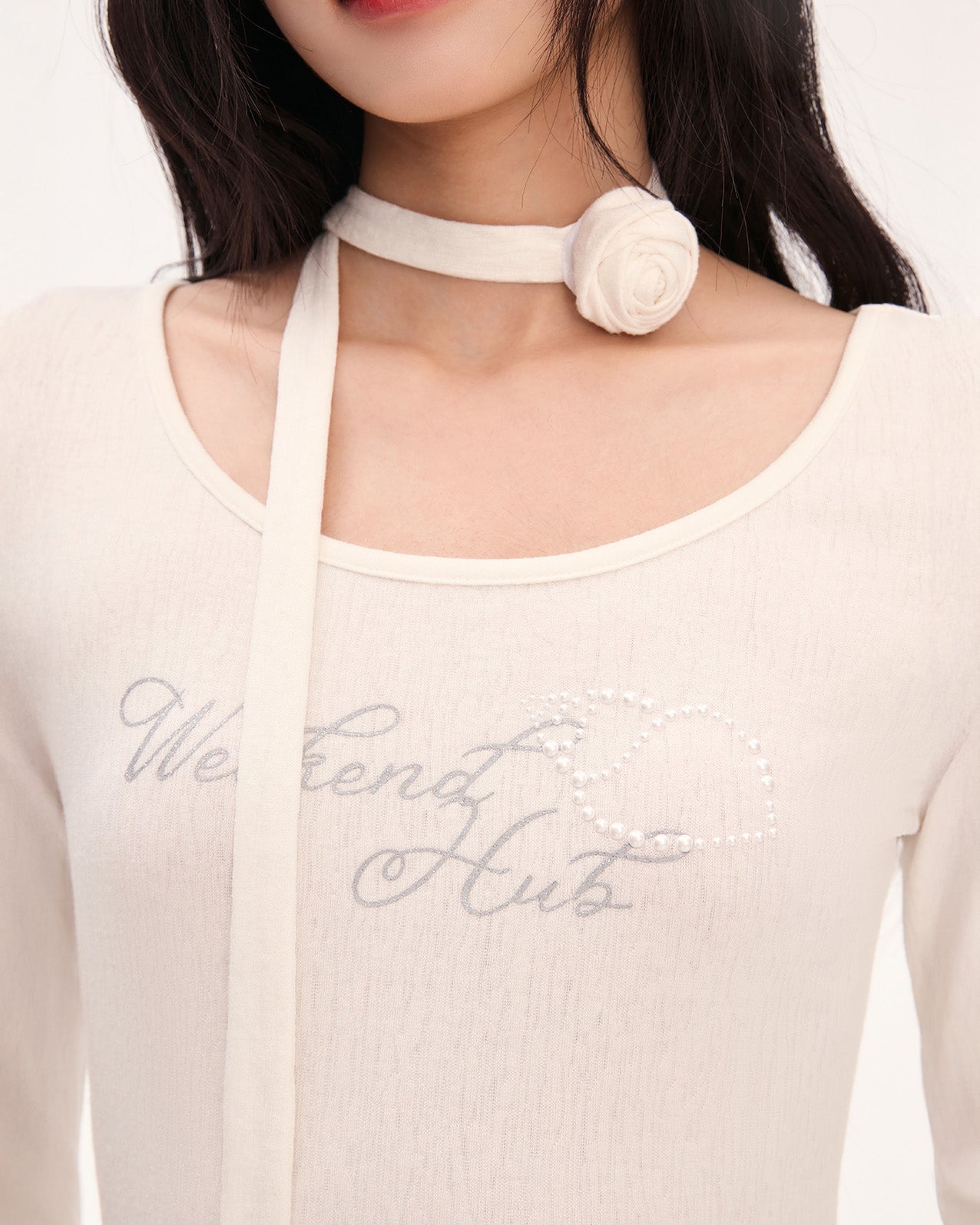 weekendhub イレギュラーフリル裾美しい女性用トップス韓国初秋シングルウェアストラップ付きTシャツロングスリーブ NOCTONE