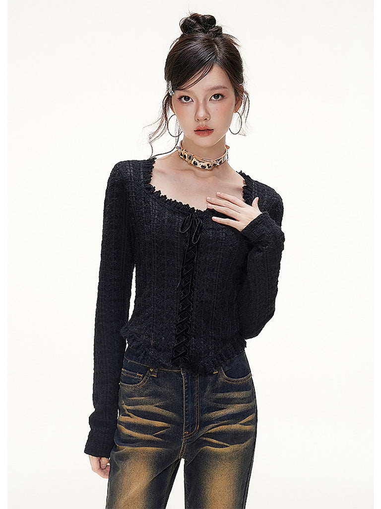 iMone 冬新作ベルベットストラップ起毛立体スエードレーススクエアネック Tシャツショートトップ NOCTONE