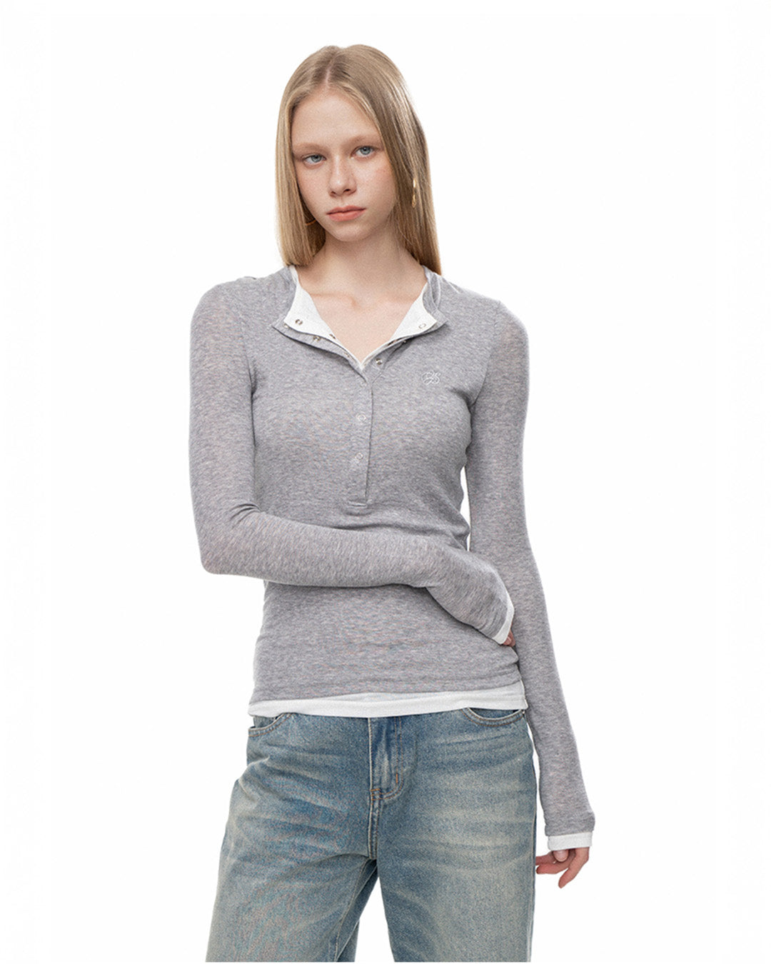 OFFSOUL ヨーロピアン&アメリカンホットガールズスリムフィット&スリムフェイクツーピースエンブロイダリートップス秋/冬用厚手ヘンリーネック長袖Tシャツ女性用 NOCTONE