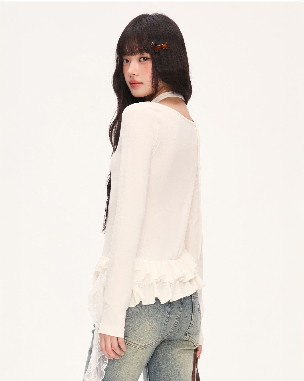 weekendhub イレギュラーフリル裾美しい女性用トップス韓国初秋シングルウェアストラップ付きTシャツロングスリーブ NOCTONE