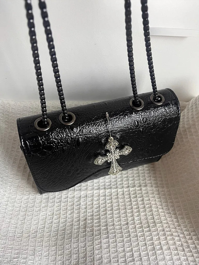 ムーンキャットオリジナルブラックゴスクロコダイル柄脇下ショルダーバッグレディースプレミアムテクスチャニッチ Y2K メッセンジャーバッグ NOCTONE