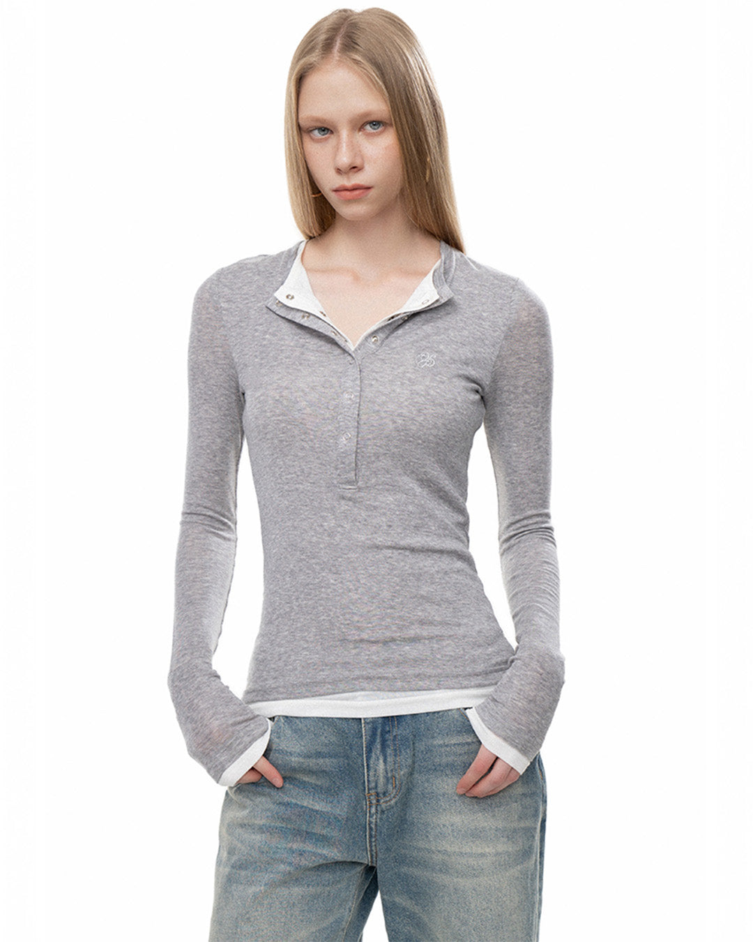 OFFSOUL ヨーロピアン&アメリカンホットガールズスリムフィット&スリムフェイクツーピースエンブロイダリートップス秋/冬用厚手ヘンリーネック長袖Tシャツ女性用 NOCTONE