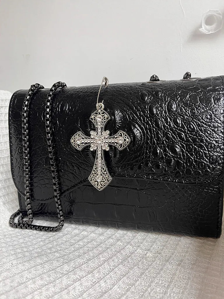 ムーンキャットオリジナルブラックゴスクロコダイル柄脇下ショルダーバッグレディースプレミアムテクスチャニッチ Y2K メッセンジャーバッグ NOCTONE