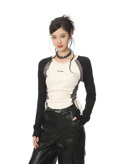 SHIYIYUE アメリカンコントラストカラーラグランロングスリーブ Tシャツ女性用秋冬ベイビー用ドローストリングスリムフィットショートイレギュラートップ NOCTONE