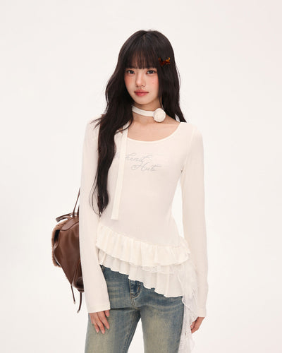 weekendhub イレギュラーフリル裾美しい女性用トップス韓国初秋シングルウェアストラップ付きTシャツロングスリーブ NOCTONE