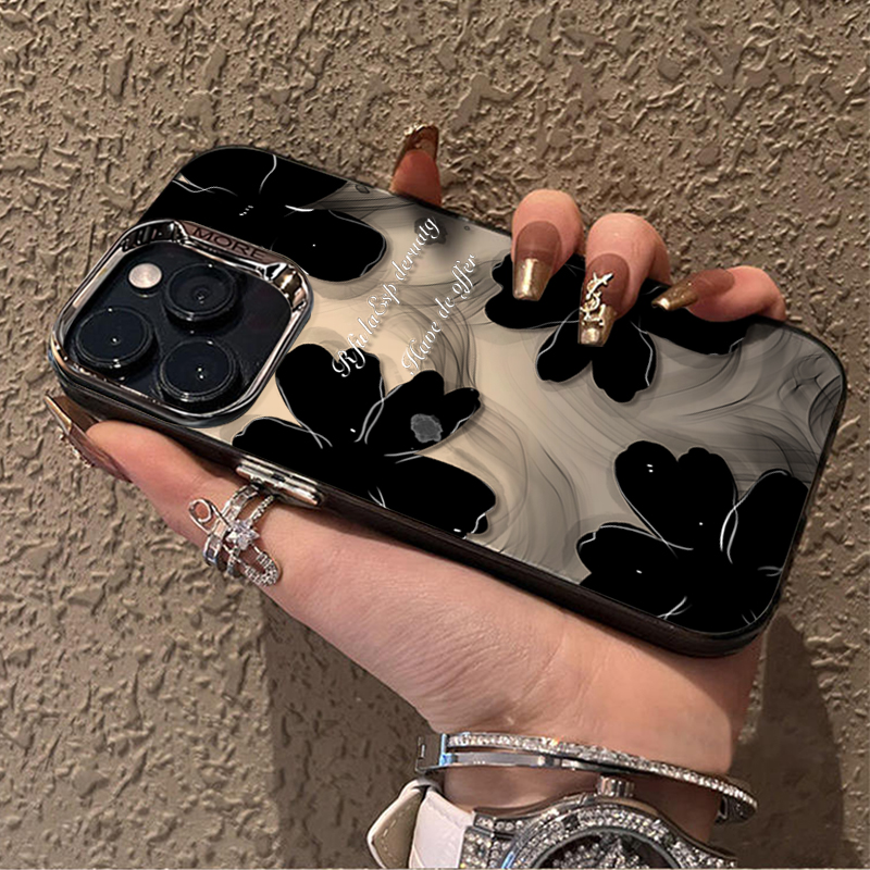 ブラックインクフラワー Apple 16pro電話ケース、女性用iPhone 14promax、電気メッキリング、カラーシルバー、フレッシュ、13Promaxテンペラメント、飛散防止、12個の新しい15オールインクルーシブのプレミアム保護ケース NOCTONE