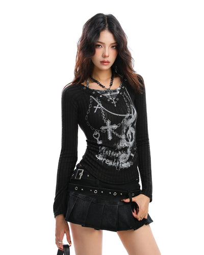 NEW Asian Culture ホットガールフェイクツーピース長袖薄手ニットTシャツ 25% オフ、女性用秋ウエストスリムトップトレンド NOCTONE