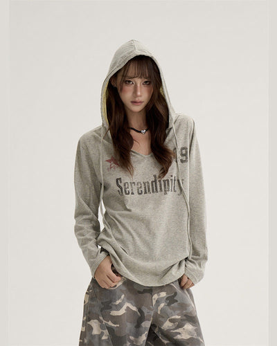 ONLPP American Retro Babes レター Vネック長袖トップス女性用初秋ルーズスポーツフード付き日焼け止めカバーアップ NOCTONE