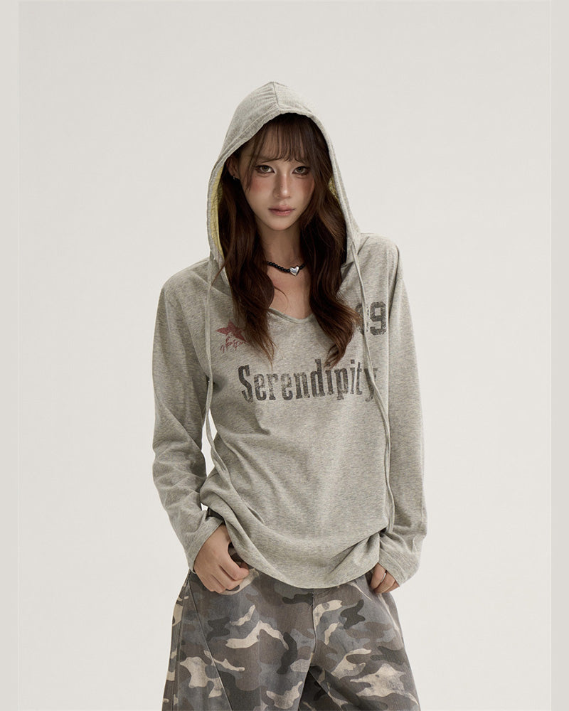 ONLPP American Retro Babes レター Vネック長袖トップス女性用初秋ルーズスポーツフード付き日焼け止めカバーアップ NOCTONE