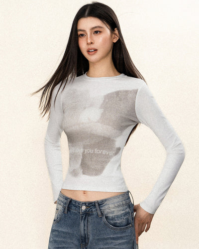 OFFSOULオリジナルアメリカンレトロ Y2K ホットティースマッジドスリムロングスリーブ T シャツレディースラウンドネックレタープリントトップ NOCTONE