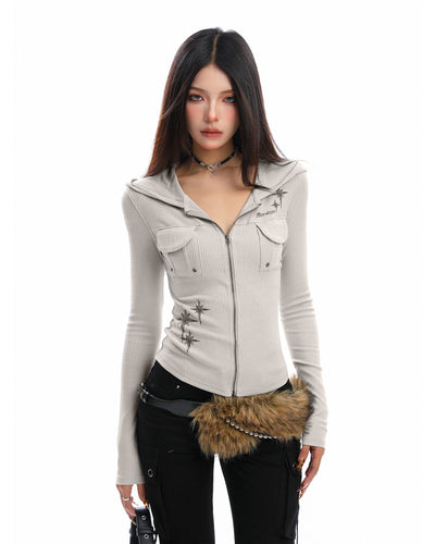 BIGGOLD ホットガールプレミアムフード付き長袖Tシャツ女性用秋用スリムで用途の広いストライプテクスチャージッパージャケットトレンディ NOCTONE