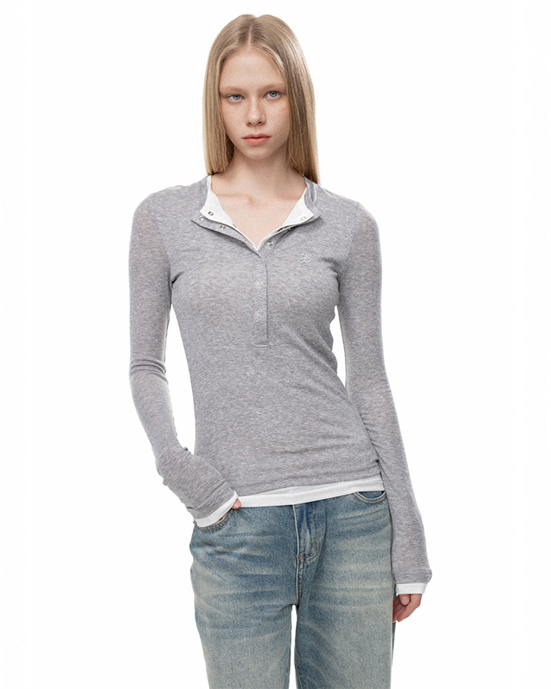 OFFSOUL ヨーロピアン&アメリカンホットガールズスリムフィット&スリムフェイクツーピースエンブロイダリートップス秋/冬用厚手ヘンリーネック長袖Tシャツ女性用 NOCTONE