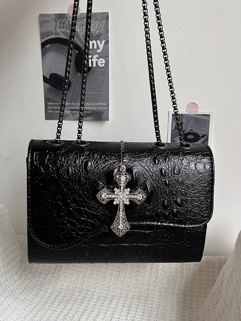 ムーンキャットオリジナルブラックゴスクロコダイル柄脇下ショルダーバッグレディースプレミアムテクスチャニッチ Y2K メッセンジャーバッグ NOCTONE