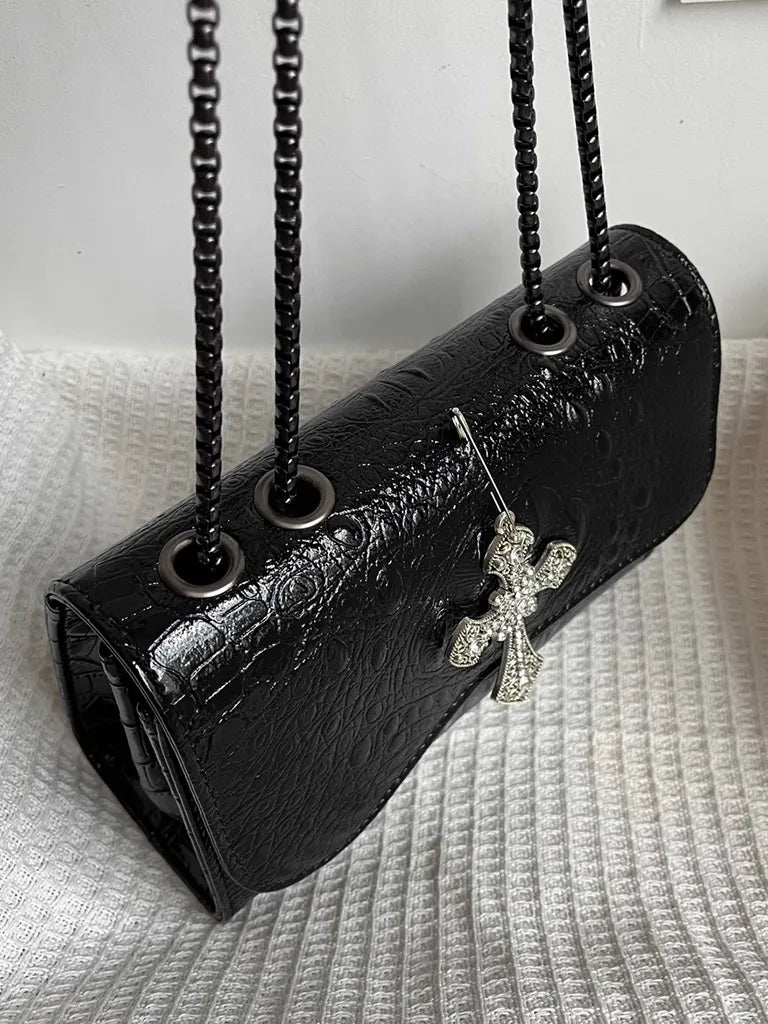 ムーンキャットオリジナルブラックゴスクロコダイル柄脇下ショルダーバッグレディースプレミアムテクスチャニッチ Y2K メッセンジャーバッグ NOCTONE