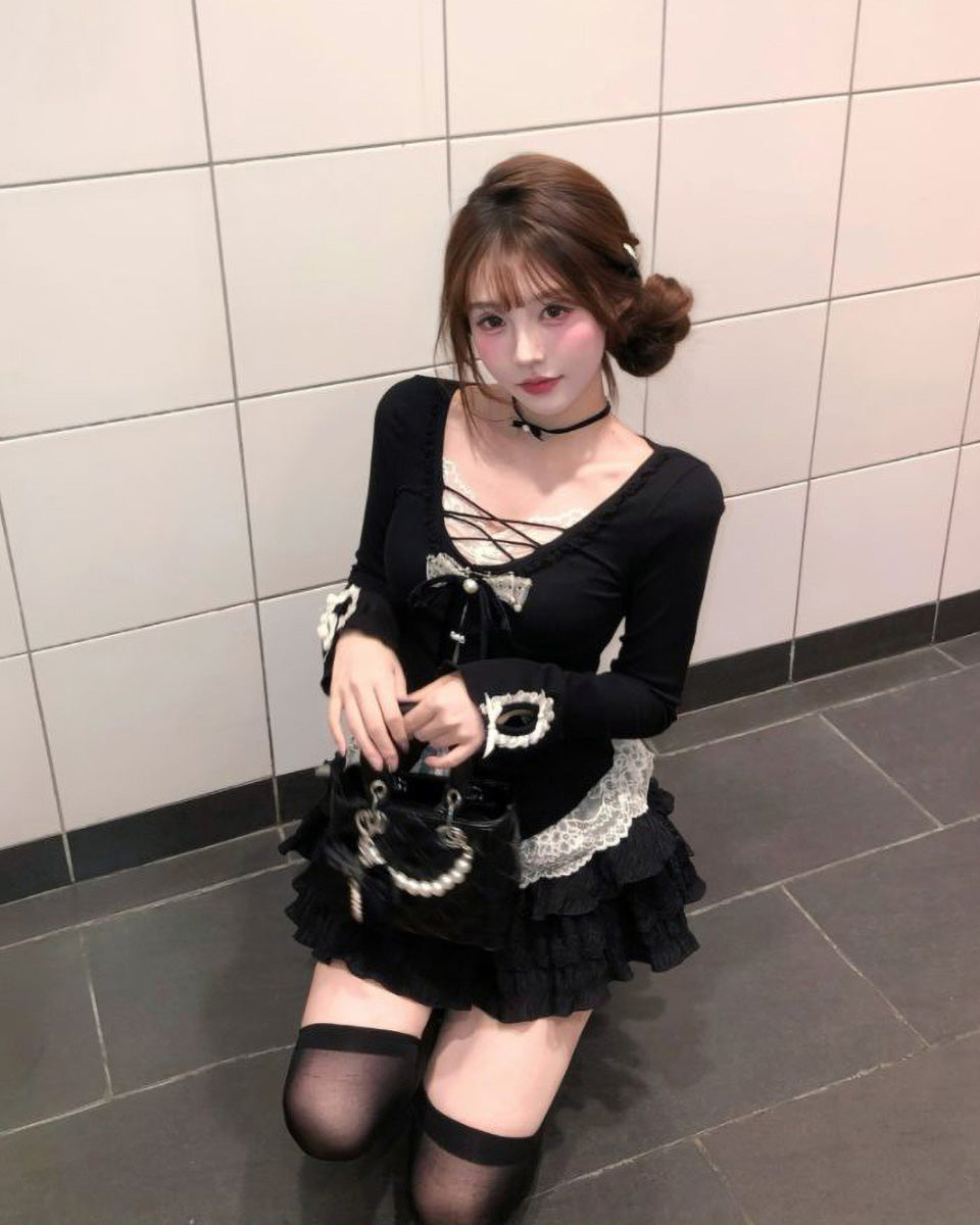 かわいくて無邪気なブラックフェイクツーピース下着トップス女性用、オータムレース、ホットガール、ケーキドレス、ツーピーススーツ NOCTONE