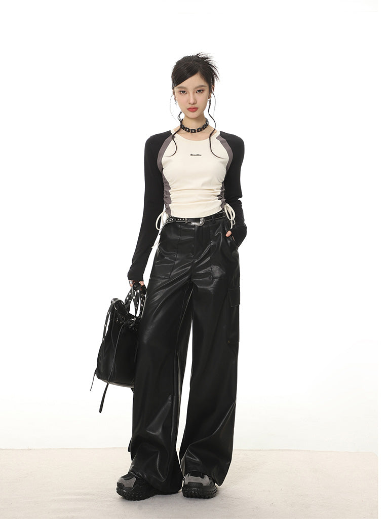 SHIYIYUE アメリカンコントラストカラーラグランロングスリーブ Tシャツ女性用秋冬ベイビー用ドローストリングスリムフィットショートイレギュラートップ NOCTONE