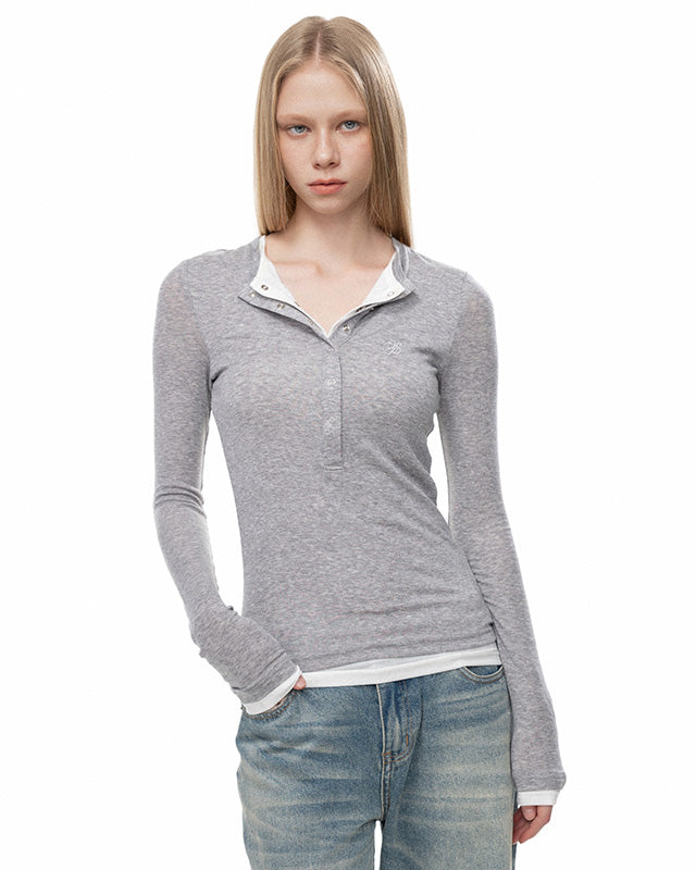 OFFSOUL ヨーロピアン&アメリカンホットガールズスリムフィット&スリムフェイクツーピースエンブロイダリートップス秋/冬用厚手ヘンリーネック長袖Tシャツ女性用 NOCTONE