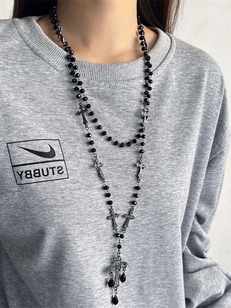 ゴシックスタイルブラッククロスビーズネックレスレディースロングセーターチェーンニッチデザイン高級パーカーチェーンアクセサリー NOCTONE