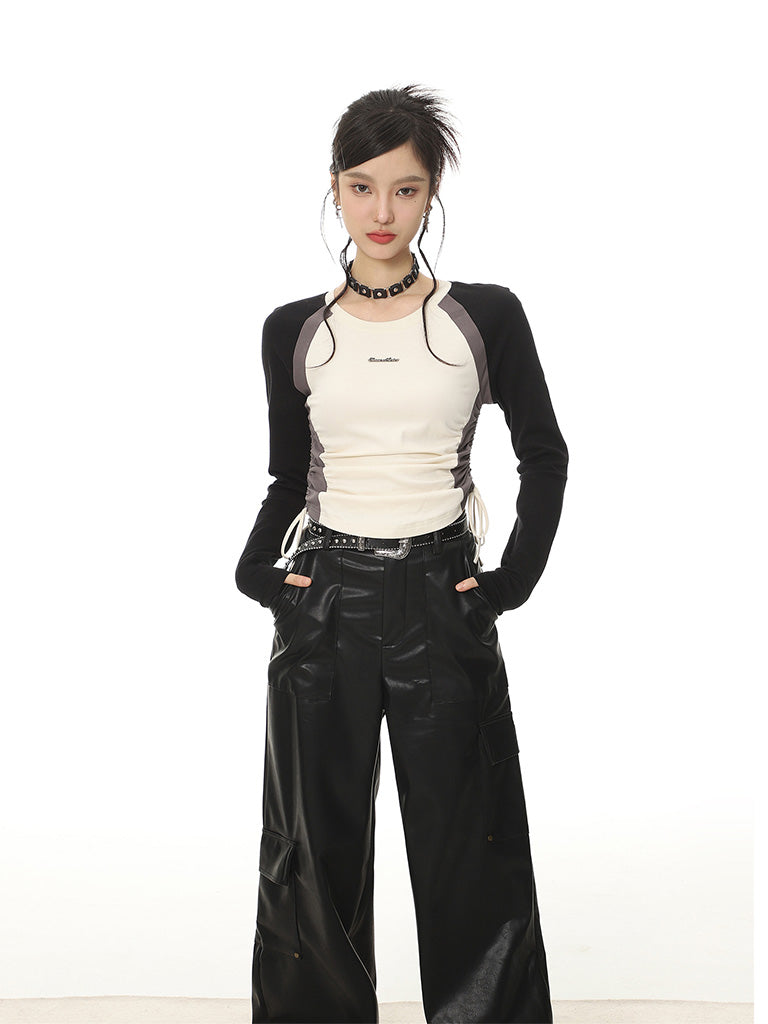 SHIYIYUE アメリカンコントラストカラーラグランロングスリーブ Tシャツ女性用秋冬ベイビー用ドローストリングスリムフィットショートイレギュラートップ NOCTONE