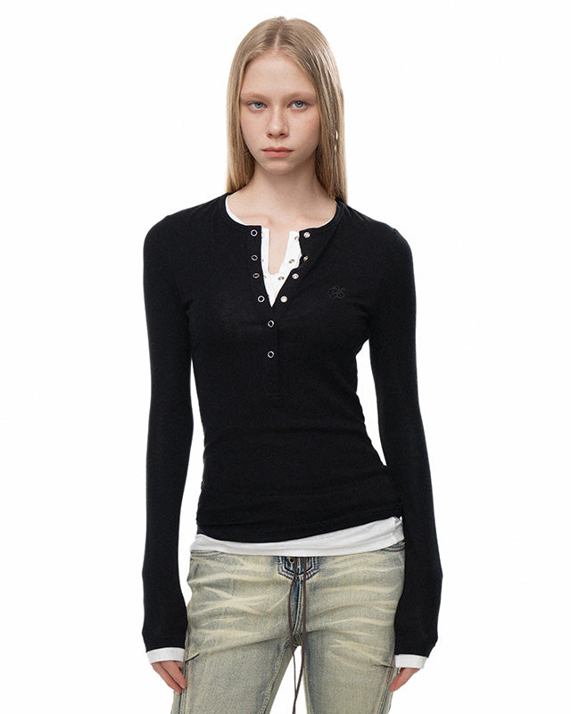 OFFSOUL ヨーロピアン&アメリカンホットガールズスリムフィット&スリムフェイクツーピースエンブロイダリートップス秋/冬用厚手ヘンリーネック長袖Tシャツ女性用 NOCTONE