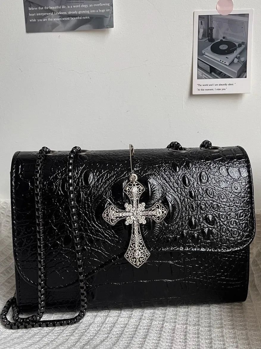ムーンキャットオリジナルブラックゴスクロコダイル柄脇下ショルダーバッグレディースプレミアムテクスチャニッチ Y2K メッセンジャーバッグ NOCTONE