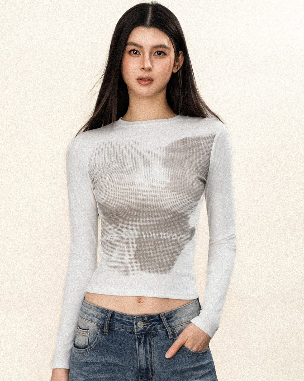 OFFSOULオリジナルアメリカンレトロ Y2K ホットティースマッジドスリムロングスリーブ T シャツレディースラウンドネックレタープリントトップ NOCTONE