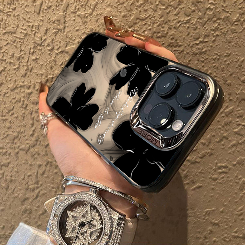 ブラックインクフラワー Apple 16pro電話ケース、女性用iPhone 14promax、電気メッキリング、カラーシルバー、フレッシュ、13Promaxテンペラメント、飛散防止、12個の新しい15オールインクルーシブのプレミアム保護ケース NOCTONE