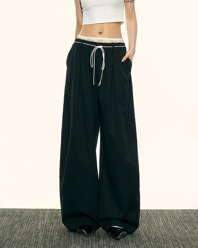 Aaisupフェイクツーピースレースパッチワークダブルウエストカジュアルパンツ春秋女性用ゆったりスリムで用途の広いワイドレッグパンツ NOCTONE