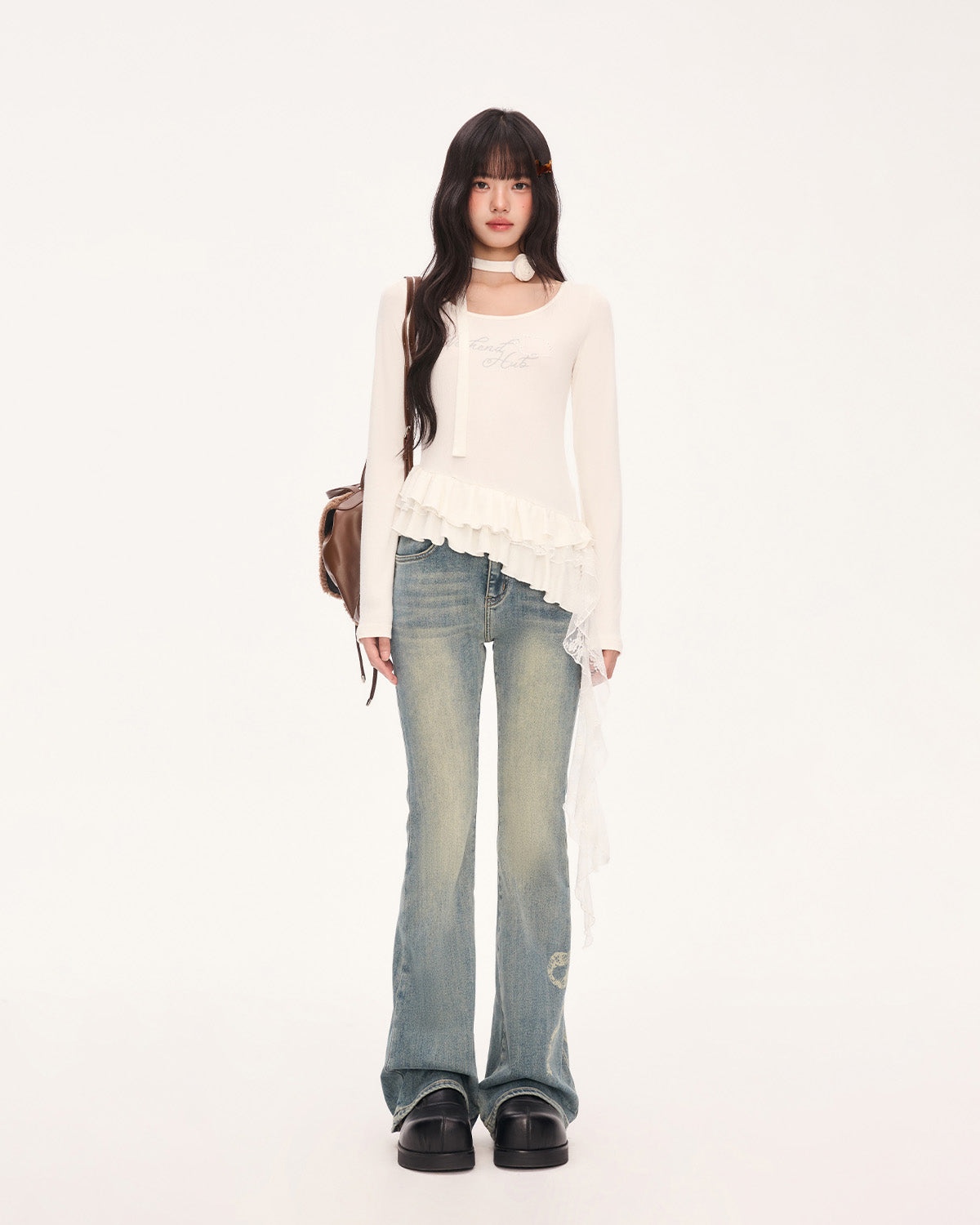 weekendhub イレギュラーフリル裾美しい女性用トップス韓国初秋シングルウェアストラップ付きTシャツロングスリーブ NOCTONE