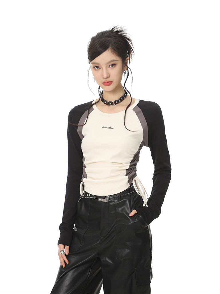 SHIYIYUE アメリカンコントラストカラーラグランロングスリーブ Tシャツ女性用秋冬ベイビー用ドローストリングスリムフィットショートイレギュラートップ NOCTONE