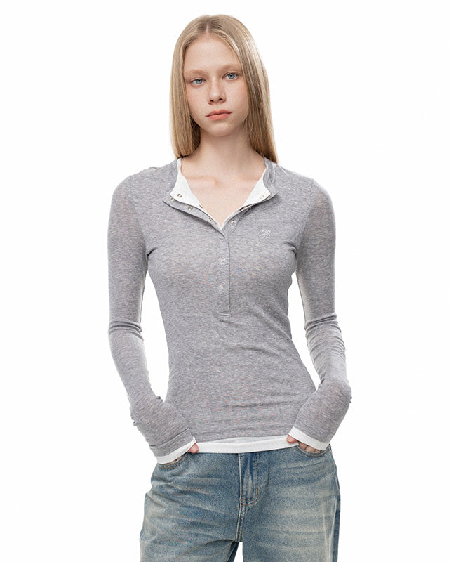 OFFSOUL ヨーロピアン&アメリカンホットガールズスリムフィット&スリムフェイクツーピースエンブロイダリートップス秋/冬用厚手ヘンリーネック長袖Tシャツ女性用 NOCTONE