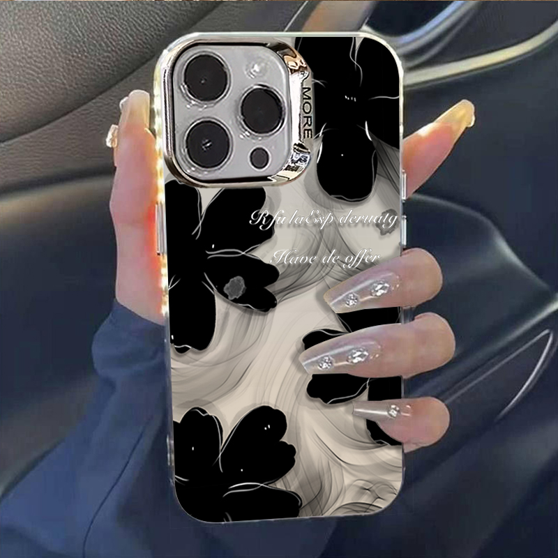 ブラックインクフラワー Apple 16pro電話ケース、女性用iPhone 14promax、電気メッキリング、カラーシルバー、フレッシュ、13Promaxテンペラメント、飛散防止、12個の新しい15オールインクルーシブのプレミアム保護ケース NOCTONE