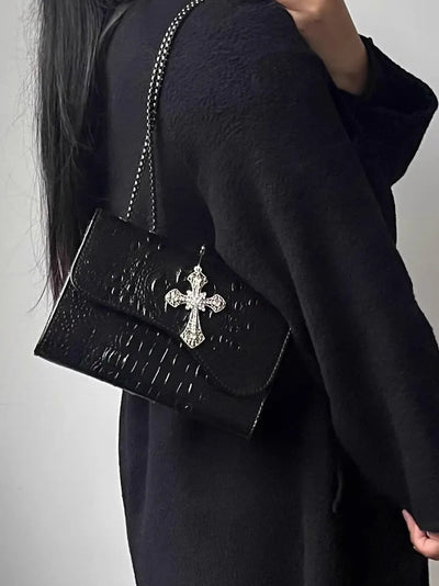 ムーンキャットオリジナルブラックゴスクロコダイル柄脇下ショルダーバッグレディースプレミアムテクスチャニッチ Y2K メッセンジャーバッグ NOCTONE