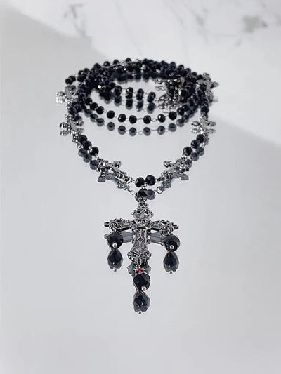 ゴシックスタイルブラッククロスビーズネックレスレディースロングセーターチェーンニッチデザイン高級パーカーチェーンアクセサリー NOCTONE